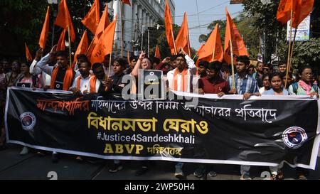 Kolkata, India. 05th Mar, 2024. Activists of Akhil Bharatiya Vidyarthi Parishad (ABVP) demonstrate an anti-governmental protest on Sandeshkhali issue. They called for a assembly movement against the atrocities on women in Sandeshkhali, West Bengal. (Photo by Sayantan Chakraborty/Pacific Press) Credit: Pacific Press Media Production Corp./Alamy Live News Stock Photo