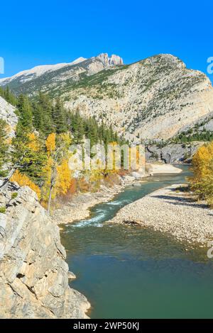 fall colors along the sun river canyon below gibson reservoir near augusta, montana Stock Photo