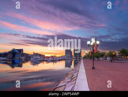 Baltimore, Maryland, USA on the Inner Harbor at dawn. Stock Photo