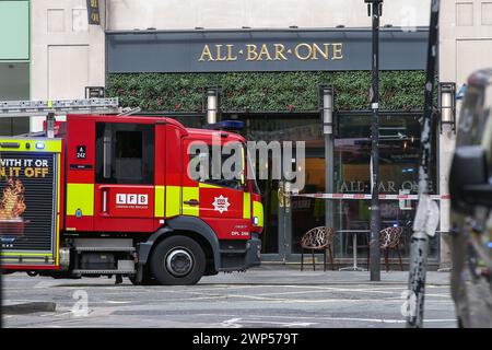 London, UK. 5th Mar, 2024. A fire engine next to All One Bar after a London bus crashed into it on New Oxford Street, near Tottenham Court Road in central London. (Credit Image: © Steve Taylor/SOPA Images via ZUMA Press Wire) EDITORIAL USAGE ONLY! Not for Commercial USAGE! Stock Photo