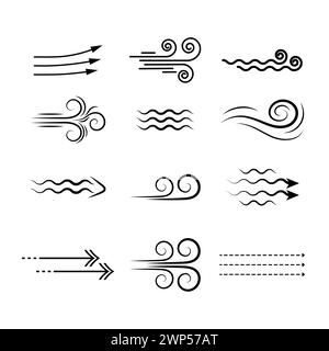 Wind blowing linear icons set, black silhouette icons smell swirling air or fog. Vector elements isolate Stock Vector