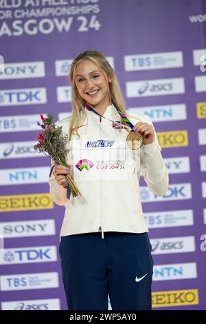 Glasgow, UK. 03rd Mar, 2024. Molly Caudery of Great Britain gold medal ceremony in the Pole Vault final at the World Athletics Indoor Championships, Emirates Arena. (Photo by Gary Mitchell/SOPA Images/Sipa USA) Credit: Sipa USA/Alamy Live News Stock Photo