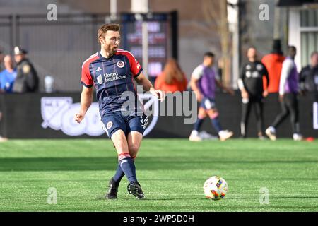 Foxborough Massachusetts, USA. 3rd Mar, 2024. Massachusetts, USA; New England Revolution defender Dave Romney (2) passes the ball against the Toronto FC during the second half in Foxborough Massachusetts. Mandatory credit Eric Canha/CSM/Alamy Live News Stock Photo