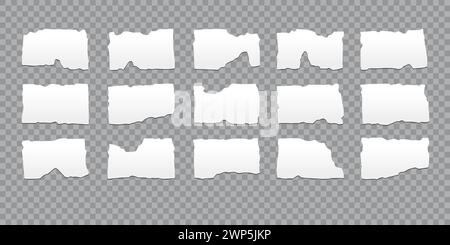 Set of torn white paper isolated on transparent backdrop Stock Vector