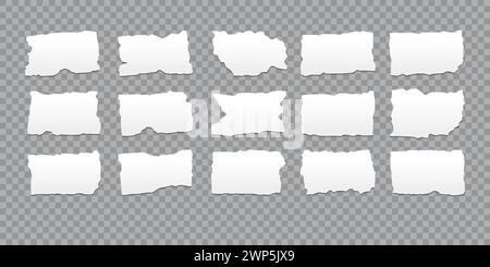 Realistic white colored paper with grunge edges on transparent backdrop Stock Vector