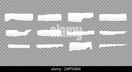 Set of white realistic ripped papers on transparent backdrop Stock Vector