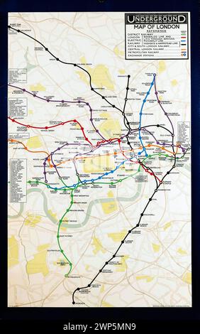 Vintage Map Poster of the London Underground..   in colours, 1928, printed by Waterlow & Sons Ltd., London, Stock Photo