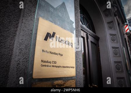 Picture of the Nasdaq sign on Riga office of Nasdaq. The Nasdaq Stock Market is an American stock exchange based in New York City. It is the most acti Stock Photo