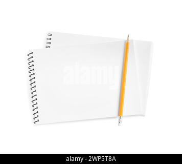 Two notebooks and pencil isolated on white, top view Stock Photo