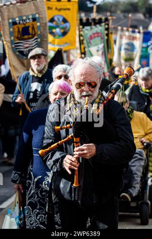Truro, UK. 5th March 2024. Crowds gather to celebrate St Piran's Day in the centre of Truro, Cornwall. Credit: Kai Greet/Alamy Live News. Stock Photo