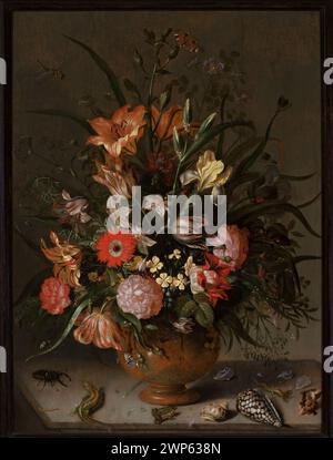 A bouquet of flowers in a vase, insects and a little one; Marrel, Jacob (CA 1613/1614-1681); 1634 (1634-00-00-1634-00-00);Potocki, Jakub Ksawery (1863-1934) - collection, gift (provenance), lizard (zool.), Flowers, Dutch painting, German painting, still life, shells, frogs Stock Photo