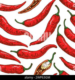 Seamless pattern with hand drawn chili peppers. Vector illustration in engraving style. Stock Vector