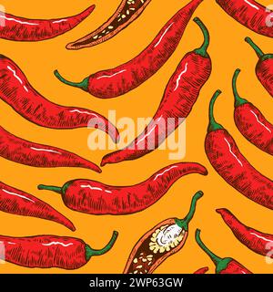 Seamless pattern with hand drawn chili peppers. Vector illustration in engraving style. Stock Vector