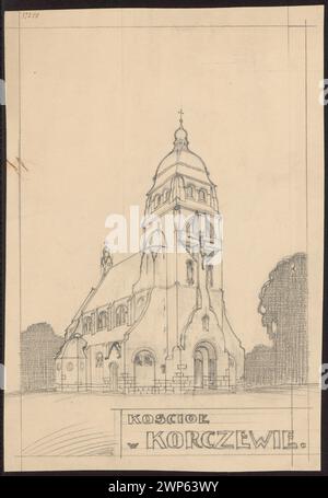 In 1911, Jarosław Wojciechowski produced a general view of an unrealized church project in Korczew, illustrating architectural layout, urban context, and modernist style. Stock Photo