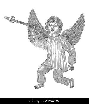 Angel kid with spear, vintage engraving drawing style illustration Stock Vector