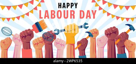 Happy labour day horizontal banner illustration design Stock Vector