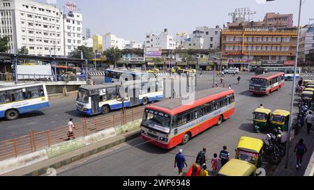 Bangalore, India - January 16 2024: View of Kempegowda or Majestic Bus Station KBS with buses and public. Located centrally in the city of Bangalore Stock Photo