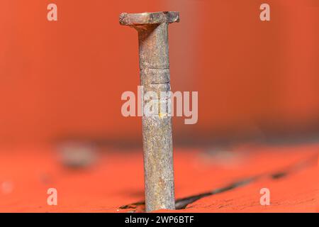 A galvanized nail stands strongly against a painted red board, a colorful contrast echoing the essence of precise craftsmanship. Stock Photo