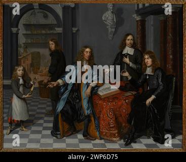 Group portrait in a Delphic pharmacy 'in the mirror'; MAN, Cornelis de (1621-1706); around 1670 (1665-00-00-1675-00-00);Man, Cornelis Anthonisz. DE (1627-1679), Man, Cornelis Anthonisz. DE (1627-1679)-iconography, Man, Doede Willemsz de (1628-1709), MAN, Doede Willesz de (1628-1709)-iconography, Weyer, Johann Peter (1794-1864)-collection, self-portraits, boys, kobierka , book (attribute), Dutch painting, men, portraits, portraits in the interior, collective portraits, chemical laboratory, sculpture, tables, purchase (provenance) Stock Photo