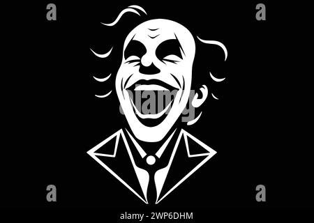 Laughing Black and White Clown Face Minimalist Vector Illustration on Dark Background Stock Vector