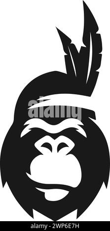 Tribal Gorilla Head Mascot Vector Silhouette with Feather Headdress Isolated on White Background Stock Vector