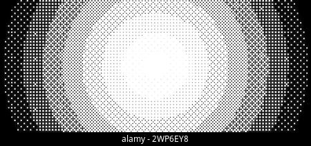 Radial pixelated gradient texture. Black and white dithered round gradation. Retro circle video game background. Halftone 8 bit wallpaper. Vintage circular pixel art. Vector bitmap overlay backdrop Stock Vector