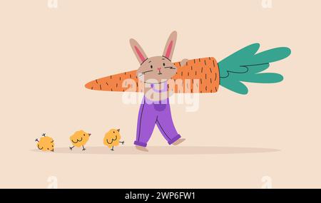 Cute rabbit with big carrot and little chicks. Funny vector illustration. Easter day concept. For greeting cards, posters, banners and stickers. Stock Vector