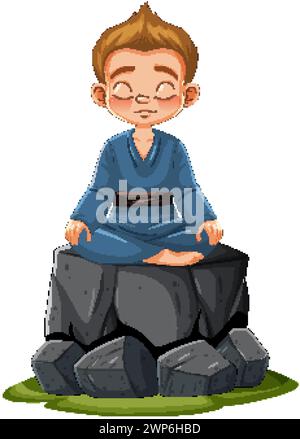 Cartoon boy in meditation pose on stone Stock Vector