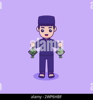 Vector illustration of a character holding a ketupat. Ramadan Kareem design concept Stock Vector