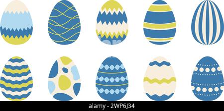 Colorful spring Easter eggs set. Blue, green, cream egg icon collection with different ornaments. Doodle style Easter illustration bundle for banner, poster, card, invitation, sticker. Vector pack  Stock Vector