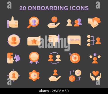 Onboarding icons set. Icons depicting key steps in welcoming and integrating new members. Guidance, support, evaluation, and success in a nurturing environment. Flat vector illustration. Stock Vector