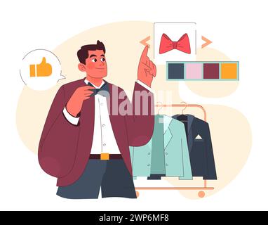 Groom's Suit concept. An excited groom picks out his perfect suit, admiring a bowtie while considering color options. The big day's attire gets a thumbs up. Flat vector illustration. Stock Vector