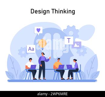 Design Thinking process illustration. Team collaborates on creative solutions, surrounded by symbols of innovation, communication, and design elements. Flat vector illustration Stock Vector