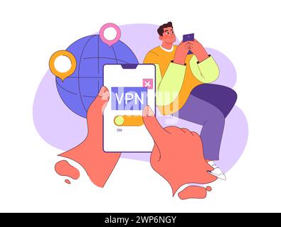 VPN concept. Man blissfully connects to global networks using mobile. Hand toggles VPN for privacy. Surfing safely with global pins. Flat vector illustration. Stock Vector