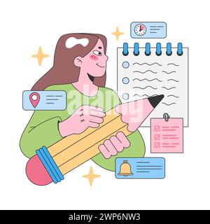 Organized woman planning tasks concept. Cheerful lady with a large pencil scheduling on a notepad. Time management, location reminders, and completed checklists. Flat vector illustration. Stock Vector