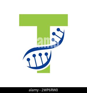 Initial DNA Logo On Letter T Vector Template For Healthcare Symbol Stock Vector