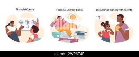 Child Financial Literacy set. Teaching kids about money through courses, books, and family talks. Guidance on fiscal responsibility from young age. Flat vector illustration. Stock Vector