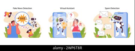 Natural language processing set. AI tools combating misinformation, aiding communication, and filtering content. Interactive and instructive digital support. Flat vector illustration Stock Vector