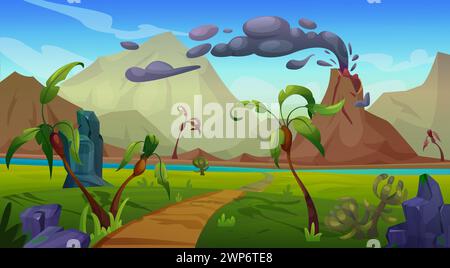 Prehistoric jurassic period landscape with volcanic eruption. Cartoon vector illustration scenery with active volcano mountain with gases smoke cloud , rocks, green palm trees, grass and plants. Stock Vector
