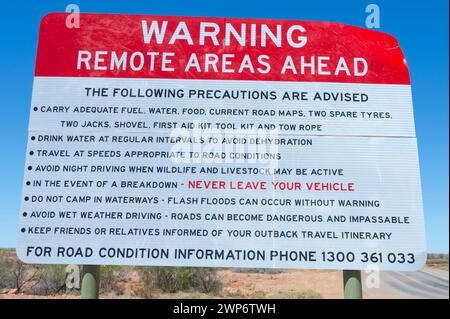 Warning Road sign on the Strzelecki Track, Remote Areas Ahead, South Australia, SA, Australia Stock Photo