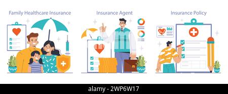 Healthcare Insurance set. A warm portrayal of family security an informed agent and the details of a policy. Comprehensive coverage depicted with care. Flat vector illustration Stock Vector