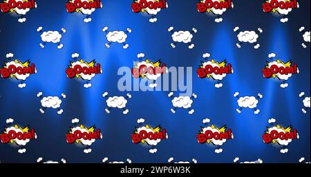 Image of the word boom on white explosion clouds, repeated moving on blue background Stock Photo