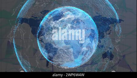 Image of world map, globe and processing data over underground train ...