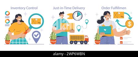 Logistics management set. Streamlined inventory control, timely just-in-time delivery, and efficient order fulfillment. Seamless supply chain operations depicted. Flat vector illustration Stock Vector