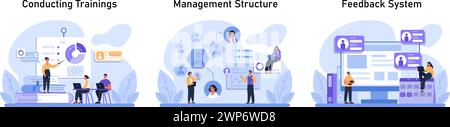 Corporate Activities set. Professionals diving into dynamic training sessions, establishing hierarchical links, and engaging in reviews. Trainings, Management, and Feedback System. Flat vector. Stock Vector