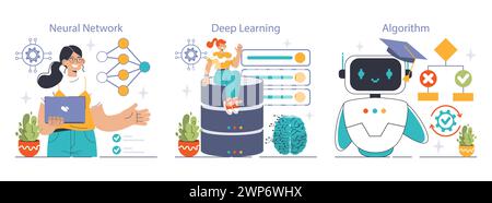Machine Learning concepts visualized with Neural Network, Deep Learning, and Algorithm graphics. Enthusiastic programmers engage with futuristic technology. Flat vector illustration Stock Vector