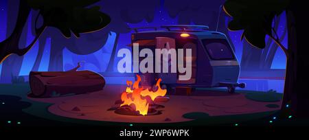 Camping place with camper van with tent and open door standing in forest near logs on bonfire pit and large wood trunk on ground as seat. Cartoon summer night scene with caravan for relax and travel Stock Vector