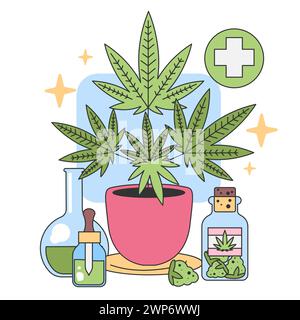 Medical cannabis concept. Potted marijuana plant with health-focused products. Therapeutic use, natural remedy. Flat vector illustration Stock Vector