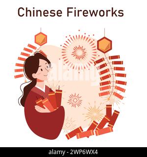 Chinese New Year tradition. Cheerful asian family leisure on festive day. Characters celebrate national asian festivity with fireworks, lantern and dragon dance. Flat vector illustration Stock Vector
