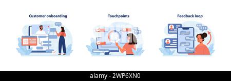 Customer experience set. Seamless onboarding process introduction, analyzing customer journey touchpoints, and a woman engaging in continuous feedback loops. Digital user optimization. Flat vector. Stock Vector